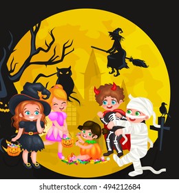 Cute colorful Halloween kids in costume for party set isolated vector illustration