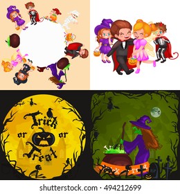 Cute colorful Halloween kids in costume for party set isolated vector illustration