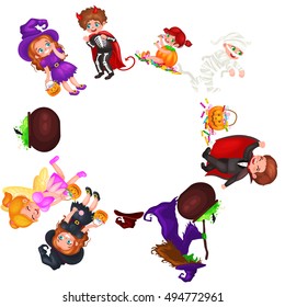 Cute colorful Halloween kids in costume for party set isolated vector illustration