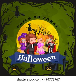 Cute colorful Halloween kids in costume for party set isolated vector illustration