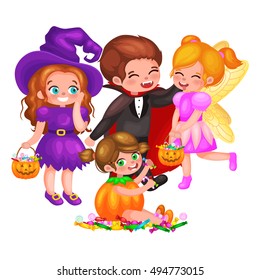 Cute colorful Halloween kids in costume for party set isolated vector illustration