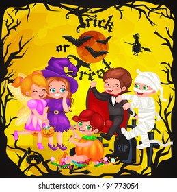 Cute colorful Halloween kids in costume for party set isolated vector illustration