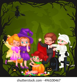 Cute colorful Halloween kids in costume for party set isolated vector illustration