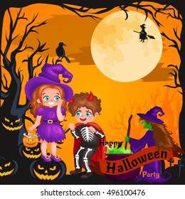 Cute colorful Halloween kids in costume for party set isolated vector illustration