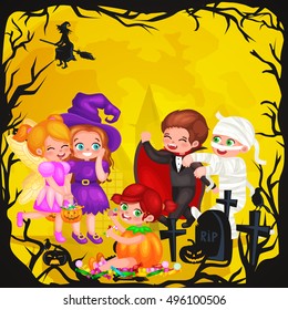 Cute colorful Halloween kids in costume for party set isolated vector illustration