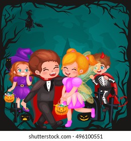 Cute colorful Halloween kids in costume for party set isolated vector illustration