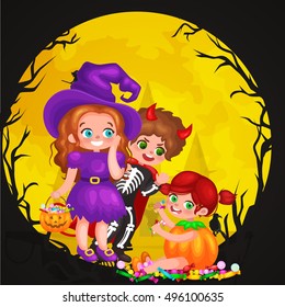 Cute colorful Halloween kids in costume for party set isolated vector illustration
