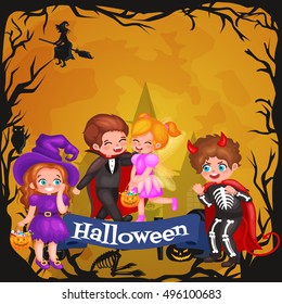 Cute colorful Halloween kids in costume for party set isolated vector illustration