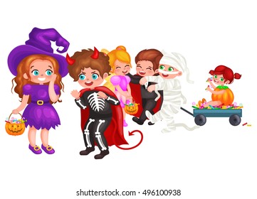 Cute colorful Halloween kids in costume for party set isolated vector illustration