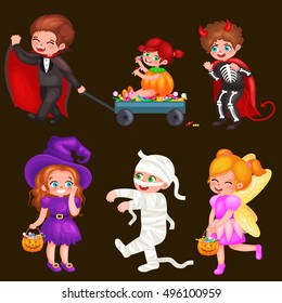 Cute colorful Halloween kids in costume for party set isolated vector illustration