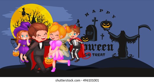 Cute colorful Halloween kids in costume for party set isolated vector illustration