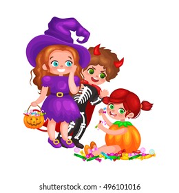 Cute colorful Halloween kids in costume for party set isolated vector illustration