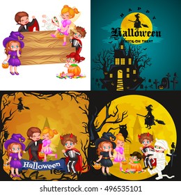 Cute colorful Halloween kids in costume for party set isolated vector illustration