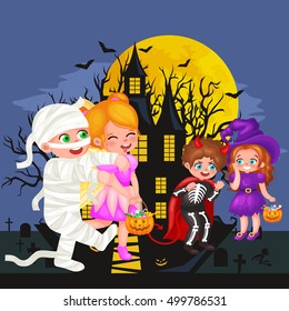 Cute colorful Halloween kids in costume for party set isolated vector illustration