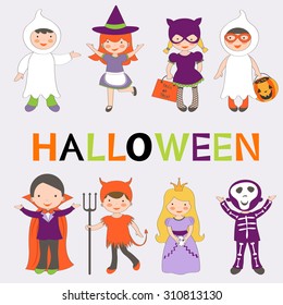 Cute colorful Halloween kids set. Vector illustration