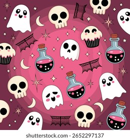 A cute and colorful halloween pattern featuring smiling ghosts, skulls, potion bottles filled with pink liquid, cupcakes, crescent moons, and sparkling stars on a gradient pink and purple background.