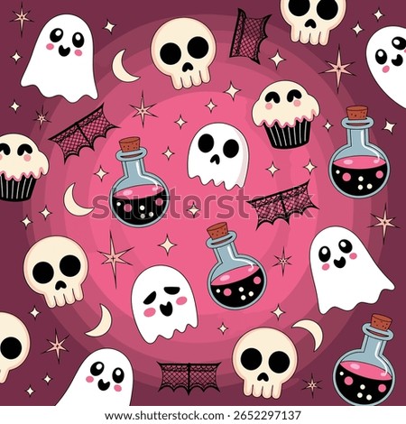 A cute and colorful halloween pattern featuring smiling ghosts, skulls, potion bottles filled with pink liquid, cupcakes, crescent moons, and sparkling stars on a gradient pink and purple background.