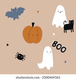 Cute colorful halloween pumpkin ghost bat star halloween cat witch  seamless print pattern graphic tee design for kids market as vector
