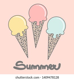 cute colorful han drawn summer vector card with ice cream with leopard print cone