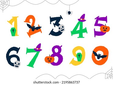 Cute colorful hand draw cartoon Spooky Happy Halloween Holiday Party Spooky Horror elements handwritten hand drawn English number numeric numeral font design children kids isolated vector illustration