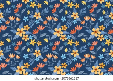 Cute colorful hand draw flowers on blue color background seamless pattern for fabric textile wallpaper.