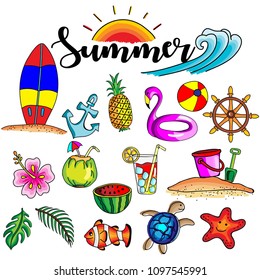 Cute and colorful hand drawing and doodle style vector and illustration of Summer cartoon concept, beach, sea and ocean