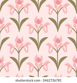 cute colorful hand drawn abstract seamless vector pattern background illustration with beautiful pink flowers with green leaves
