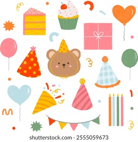 Cute Colorful Hand Drawn Birthday Clipart Sticker Collections in Gouache Texture