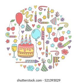 Cute colorful hand drawn birthday doodles in circle