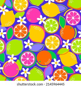 Cute colorful hand drawn citrus fruits and flowers seamless pattern background.