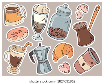 Cute colorful hand drawn doodle cartoon coffee shop supply item and equipment sticker set. vector illustration for cafe and bakery design, menu, barista style.