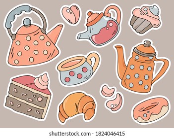 Cute colorful hand drawn doodle cartoon coffee shop supply item and equipment sticker set. Tea pots and sweets vector illustrations for cafe and bakery design, menu, barista style concept.