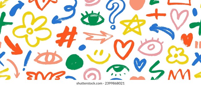 Cute colorful hand drawn doodle seamless banner design. Childish style seamless pattern with doodle eyes, stars, hearts, diamonds and squiggles. Cute happy kid drawing symbol wallpaper print.