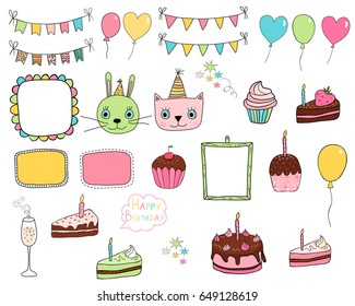 Cute and colorful hand drawn doodle elements for birthday and party designs with balloons, cakes and buntings in bright colors
