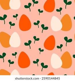 Cute colorful hand drawn easter seamless vector pattern illustration with orange, yellow and white eggs and green grass on pink background