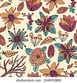 Cute colorful hand drawn fantasy flowers seamless pattern. Doodle floral elements infinity background. 