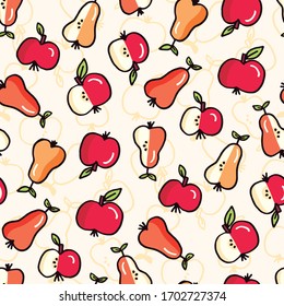 Cute Colorful Hand Drawn Felt Tip Pen Fresh and Juicy Apple and Pears Fruits on White Vector Seamless Pattern. Healthy Food Design. Vintage Cute Fruits Fashion, Textile Packaging Print