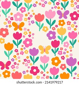 Cute colorful hand drawn floral seamless pattern background.