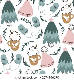 cute colorful hand drawn holidays seamless vector pattern background illustration with cozy traditional christmas and winter season elements collection