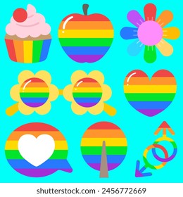 Cute and Colorful hand drawn kawaii pride month elements set