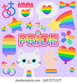 Cute and Colorful hand drawn kawaii pride month element set