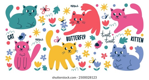 Cute colorful hand drawn little cats playing with butterfly surrounded flower blossom childish set. Funny sweet kitten domestic pet animals having fun decorative background vector illustration