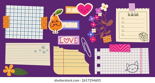 Cute colorful hand drawn memo sticky notes - lined ruled notepaper sheets, checklist, smiling character drawings, flowers and leafy branches. Decorative sticker elements for bullet journal planners.