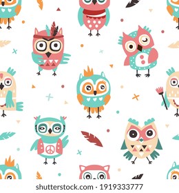 Cute Colorful Hand Drawn Owlets Seamless Pattern, Fabric, Wallpaper, Wrapping Paper, Textile, Background Design Cartoon Vector Illustration