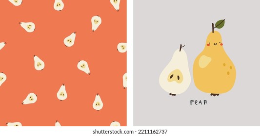 Cute Colorful Hand Drawn Pear Seamless Pattern, Childish Fruit Poster With Handwritten Letters, Pastel Colors, Baby Decor,kids Clothes. Decor Textile, Wrapping Paper Wallpaper Vector Print Or Fabric