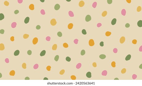 Cute colorful hand drawn polka dot on beige background. Vector jumble brush spots pattern. Random dots, circles, animal skin. Trendy simple design.