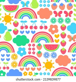 Cute colorful hand drawn rainbow, flower and fruit seamless pattern for summer holidays background.