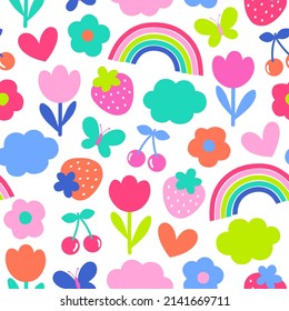 Cute colorful hand drawn rainbow, fruit and floral seamless pattern background.