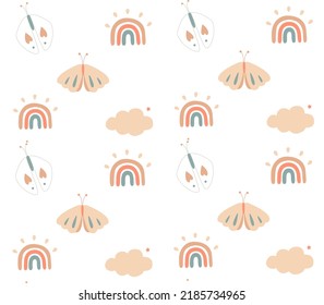 Cute and colorful hand drawn rainbow pattern with butterfly and clouds