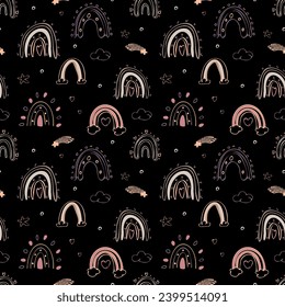 Cute colorful hand drawn rainbow, heart and natural elements seamless pattern background.